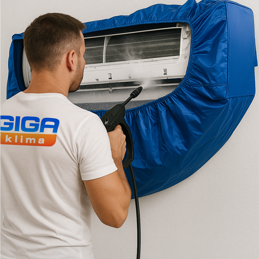 Na slici je prikazan klima servis. majstor radi dubinsko ciscenje klima uredjaja.